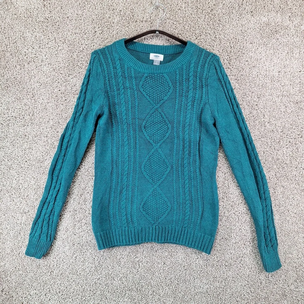 Old Navy Sweater Women M Teal Cable Knit Crew Neck Pullover Casual Preppy